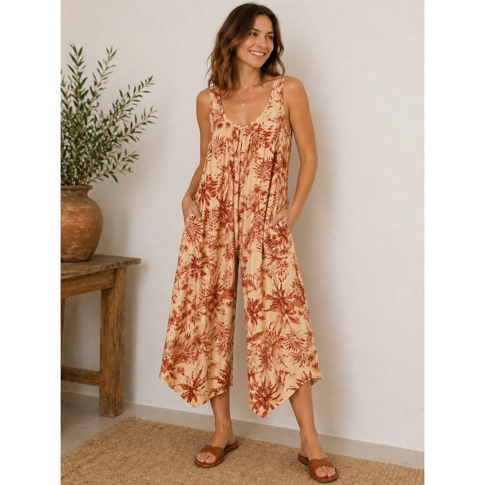 Harlow & Rose Voile Jumpsuit L Cream Terracotta‎ Tropical Palm Wide Leg Pockets